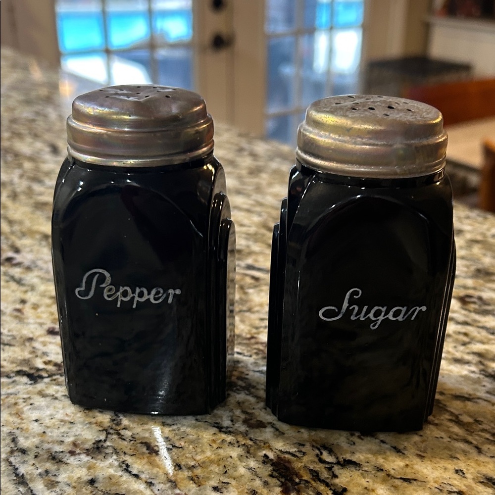 Vintage Black Glass Roman Arch Black Pepper and Sugar Shakers